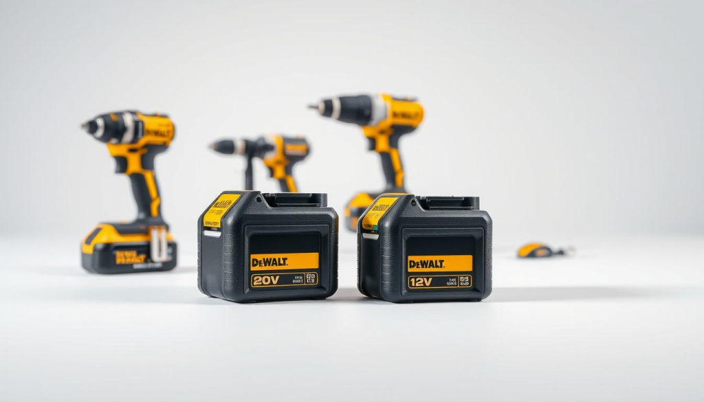 A side-by-side comparison of DeWalt 20V and 12V battery packs, captured in a crisp, well-lit studio setting. In the foreground, the batteries are prominently displayed, their distinct sizes and designs emphasized. In the middle ground, a tool from each voltage class is positioned, allowing for a clear size and power output contrast. The background is clean and minimalist, drawing the viewer's focus to the key technical details. Soft, directional lighting casts subtle shadows, accentuating the batteries' textures and profiles. The overall mood is professional and informative, reflecting the technical nature of the subject matter.