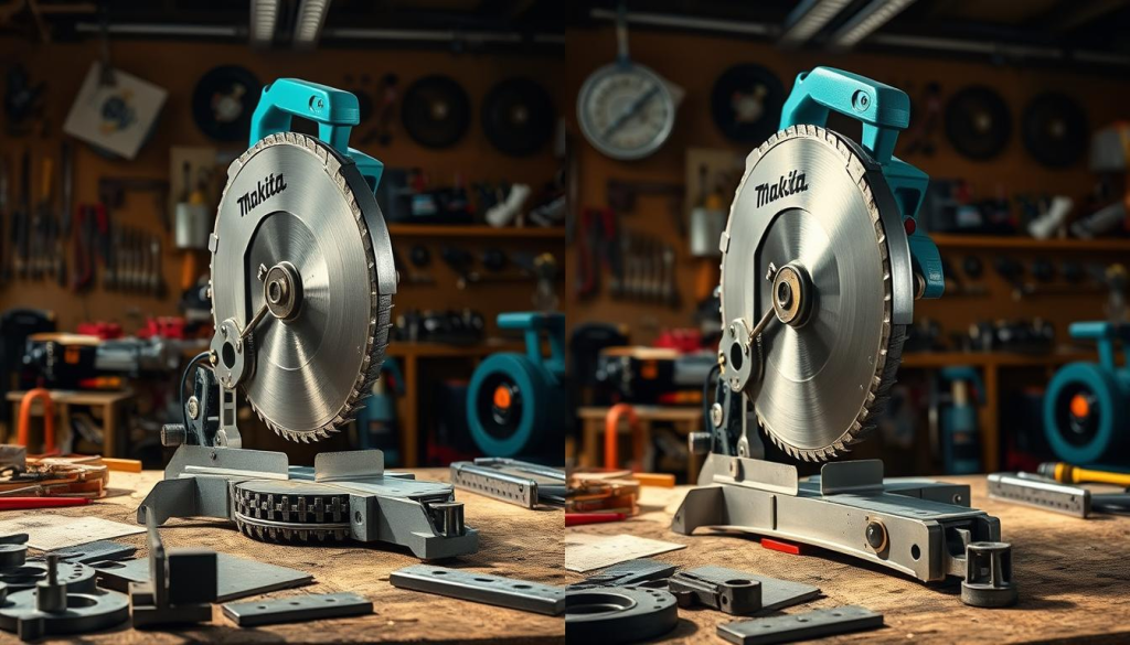 A side-by-side comparison of Makita's high-powered metal cutting saw standing in a well-lit workshop, showcasing its durable construction and impressive cutting capabilities. The saw's blade glints under focused studio lighting, while the brushed metal housing reflects the surroundings. In the foreground, a variety of metal workpieces lie ready for cutting, highlighting the saw's versatility. The background features a cluttered workbench with various power tools, emphasizing the saw's place among professional-grade equipment. The overall scene conveys the saw's reliability, durability, and precision in demanding metalworking tasks.