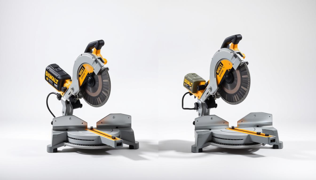A side-by-side comparison of the DeWalt 779 and 780 miter saws, captured in a crisp, high-resolution photograph with perfect lighting and angles. The saws are displayed on a clean, neutral background, allowing their distinct design features and cutting capabilities to take center stage. The image conveys a professional, technical atmosphere, inviting the viewer to closely examine the nuanced differences between these two powerful woodworking tools. Subtle shadows and reflections enhance the depth and dimensionality, creating a sense of realism and attention to detail. The overall composition strikes a balance between showcasing the saws' individual characteristics and highlighting their comparative performance.