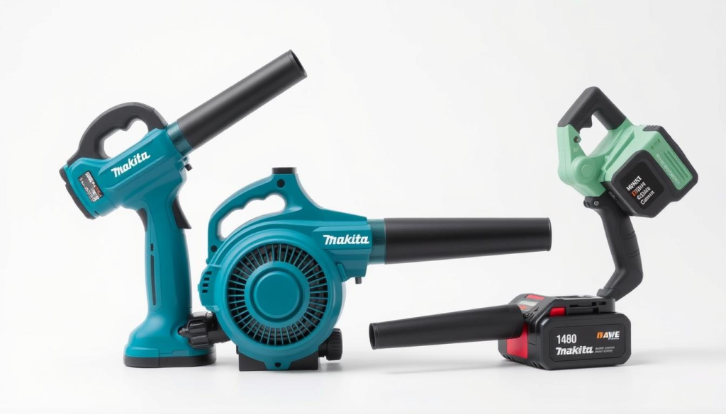 A side-by-side comparison of the Makita mini blower with two other compact cordless leaf blowers, captured in a well-lit studio setting against a clean white background. The Makita model is prominently featured in the center, its sleek blue and black design clearly visible. The two other blowers, one in a contrasting color scheme and the other a similar compact size, are positioned alongside to highlight the differences in size, shape, and air flow capabilities. The lighting is soft and even, accentuating the materials and details of each device. The composition is balanced, allowing the viewer to easily observe and compare the key features of these portable, battery-powered leaf blowers.