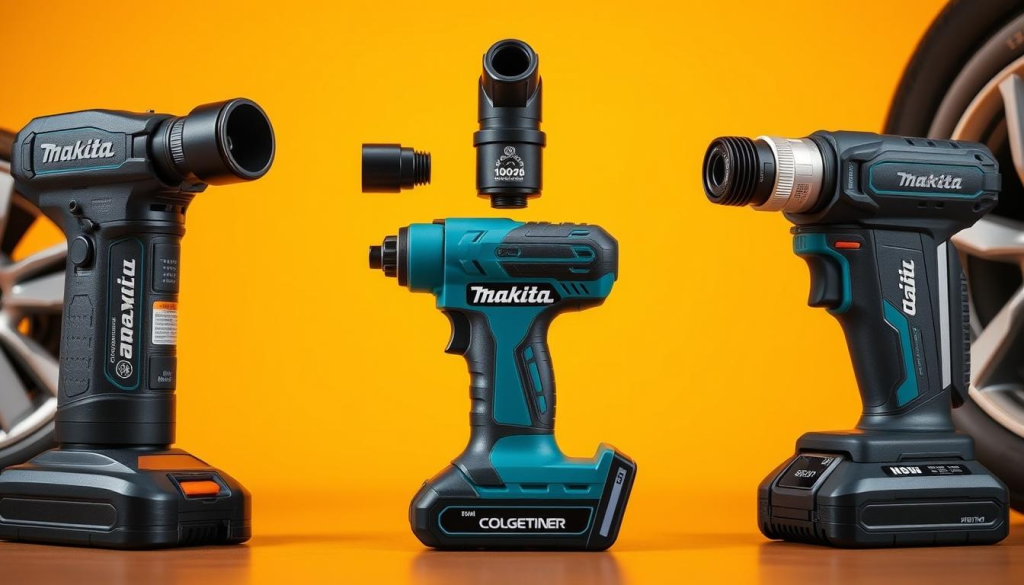 A side-by-side comparison of three high-quality cordless tire inflators, showcasing their sleek designs and robust features. In the foreground, the Makita inflator stands out with its ergonomic grip and digital pressure readout. Flanking it are the competing models, each with their unique attributes clearly visible. The middle ground captures the inflators' powerful air intake mechanisms and the attachments included for versatile use. In the background, a warm, well-lit studio setting highlights the premium craftsmanship and attention to detail of these compact, cordless air compressors. The overall composition conveys a sense of technical prowess and consumer-focused design.