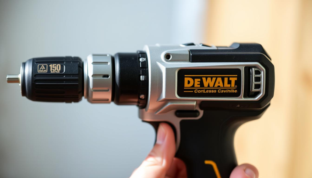 A silver and black Dewalt cordless power drill with a 90-degree angle attachment, positioned prominently in the center of the frame. The drill is held in the hand of a person, with the 90-degree attachment angled towards the camera, showcasing its versatile design for tight spaces. The background is slightly blurred, emphasizing the drill and attachment as the focal point. Soft, natural lighting illuminates the scene, casting subtle shadows and highlighting the drill's metallic finish. The overall mood is one of practicality and functionality, inviting the viewer to imagine the attachment's usefulness in various DIY and home improvement tasks.