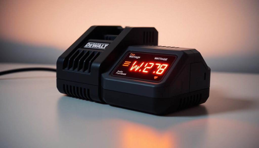 A sleek DeWalt battery charger sits on a clean, minimalist desk, its sturdy construction and prominent battery terminal slots highlighted by dramatic lighting. The charger's display panel, showcasing the current wattage, is the focal point, bathed in a warm, technical glow that illuminates the intricate circuitry within. The background is a soft, neutral tone, allowing the device to take center stage and emphasize the importance of wattage in efficient battery charging. The overall composition conveys a sense of precision, power, and the engineering expertise behind the DeWalt brand.