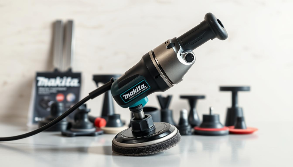 A sleek Makita polisher set against a clean, well-lit workshop backdrop. The polisher's brushed metal body and ergonomic handle are showcased in the foreground, with its power cord and speed control dial visible. The machine is positioned at a 45-degree angle, casting a subtle shadow and highlighting its functional design. In the middle ground, various Makita accessories and attachments are neatly arranged, suggesting the polisher's versatility. The background features a blurred, neutral-toned wall, allowing the polisher to be the focal point. Overall, the image conveys the Makita polisher's robust construction, user-friendly features, and suitability for professional-grade finishing work.