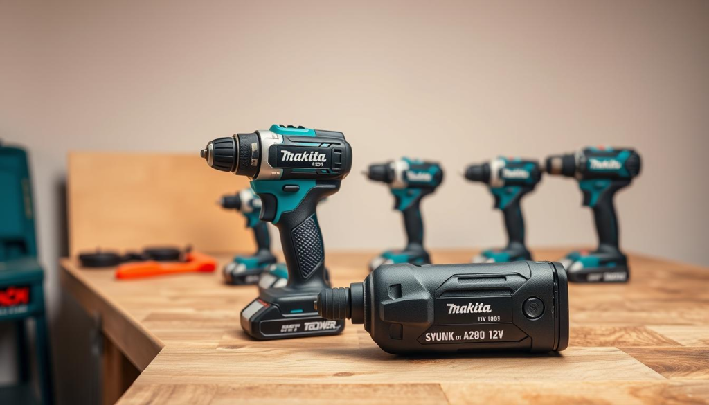 A sleek and compact Makita 12V impact driver rests on a wooden workbench, its matte black finish gleaming under the warm studio lighting. The tool's sturdy metal housing and textured grip convey a sense of power and precision. In the middle ground, an array of Makita's 12V cordless power tools, including drills and saws, are neatly arranged, showcasing the breadth of the lineup. The background features a clean, minimalist environment, allowing the tools to take center stage and highlighting their practical applications for DIY projects and light-duty tasks.
