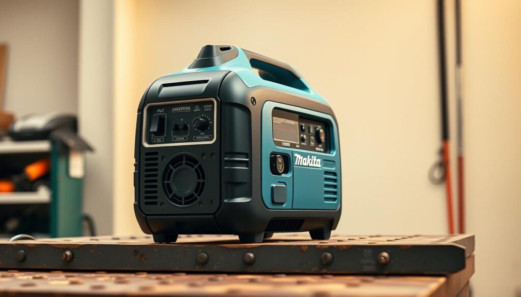 A sleek and compact Makita inverter generator rests on a rugged workbench, its compact design and lightweight portability on full display. Warm studio lighting highlights the metallic accents and control panel, showcasing the advanced technology that powers this versatile device. In the background, a clean and minimalist environment emphasizes the inverter's modern aesthetic and practical applications. The scene conveys the key benefits of the Makita inverter - its portable and user-friendly nature, allowing for reliable power in a wide range of settings and scenarios.