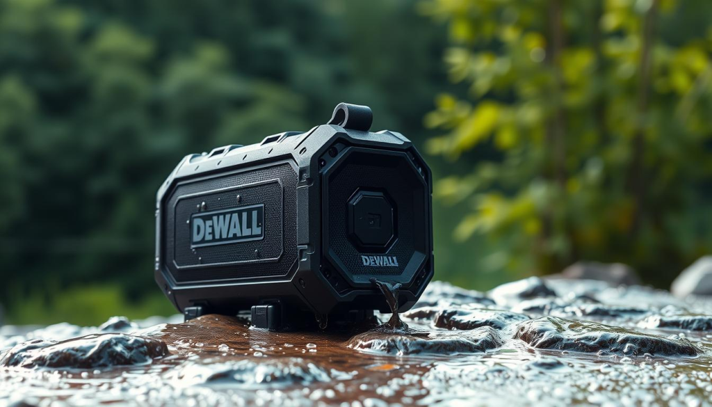 A sleek and durable Dewalt waterproof speaker resting on a wet, rocky surface. The speaker's rugged, black casing glistens under the soft, diffused lighting, reflecting the natural surroundings. Droplets of water cling to the speaker's surface, highlighting its weatherproof design. In the background, a lush, green forest provides a serene, natural backdrop, conveying a sense of outdoor adventure and exploration. The overall scene emphasizes the speaker's resilience and suitability for use in wet, outdoor environments.