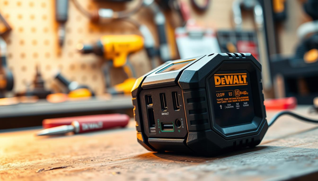 A sleek and modern DEWALT USB power source resting on a workbench, bathed in warm, directional lighting that accentuates its sturdy metal casing and tactile control panel. In the foreground, the device's various ports and charging indicators are prominently displayed, inviting the viewer to imagine the convenience of powering their tools and devices on the go. The middle ground features a backdrop of workshop tools and materials, suggesting the versatility of this power source in a professional setting. The overall mood is one of practicality and reliability, reflecting the DEWALT brand's reputation for durable and high-performance equipment.