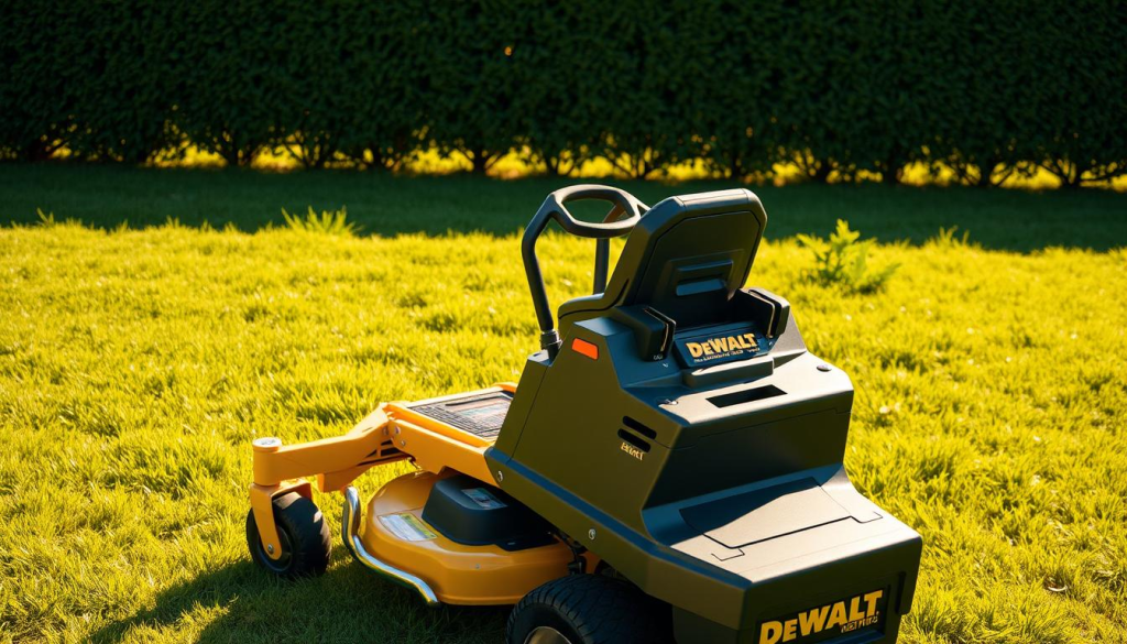 A sleek and modern DEWALT zero turn electric mower standing in a sun-dappled, well-manicured lawn. The mower's chrome accents glisten under the warm, golden light, casting soft shadows on the lush grass. The mower's ergonomic controls and user-friendly display are clearly visible, inviting the viewer to imagine the effortless, intuitive operation. In the background, a row of neatly trimmed hedges frames the scene, conveying a sense of order and attention to detail. The overall impression is one of high-quality, efficient, and pleasant lawn care experience.