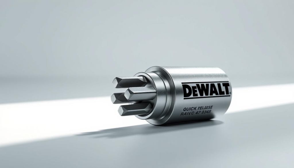 A sleek and modern Dewalt quick release bit holder, rendered in high-resolution photorealistic detail. The metallic body gleams under crisp studio lighting, highlighting the precision-engineered design and sturdy construction. The bit holder is positioned on a clean, minimalist background, allowing the product to be the central focus. The image captures the essence of Dewalt's commitment to durability, functionality, and a professional-grade tool that seamlessly integrates into any workspace. The overall composition conveys a sense of quality, reliability, and the confidence that comes with choosing a Dewalt product.