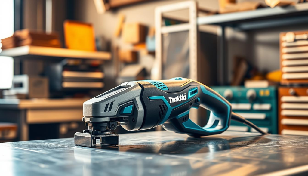 A sleek and modern Makita Flipper power tool rests on a polished metal surface, its sturdy construction and vibrant blue accents catching the eye. The tool is bathed in warm, directional lighting that casts dynamic shadows, highlighting its ergonomic design and robust build quality. In the background, a blurred industrial workshop setting with metallic shelves and toolboxes suggests the Flipper's versatility and suitability for demanding professional applications. The overall composition conveys the Makita Flipper's combination of power, precision, and user-friendly features, making it an indispensable companion for diverse woodworking, construction, and maintenance tasks.