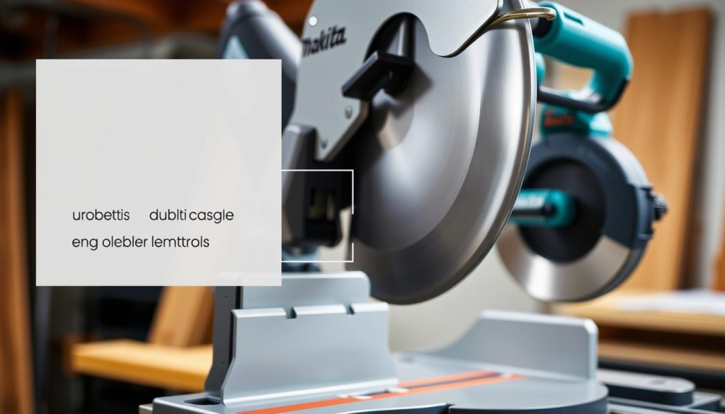 A sleek and modern Makita LS1013 miter saw, capturing its key safety features. In the foreground, the saw's sturdy base and robust blade guard are prominently displayed, conveying a sense of reliability and protection. The middle ground showcases the intuitive bevel and miter adjustment controls, allowing for precise and safe cuts. In the background, the saw's powerful 15-amp motor is subtly hinted at, suggesting the machine's impressive performance capabilities. The lighting is bright and direct, highlighting the saw's streamlined design and emphasizing its attention to safety and user-friendliness. The overall mood is one of confidence and professionalism, reflecting the saw's suitability for both DIY and professional woodworking applications.