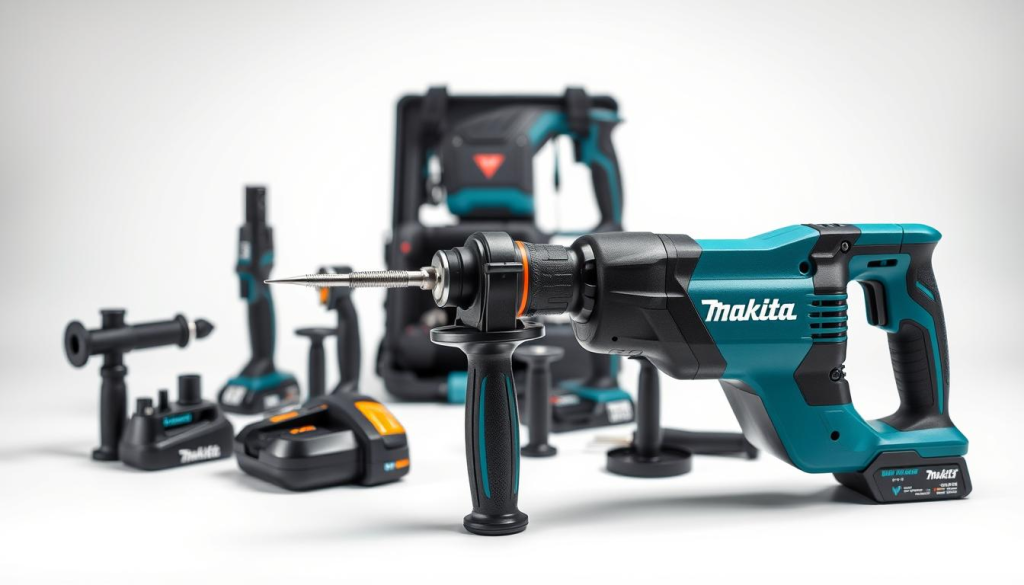 A sleek and modern Makita hammer tool set, showcasing the brand's cutting-edge anti-vibration technology. The tools are neatly arranged on a clean, white background, with soft lighting illuminating their durable construction and precision-engineered features. The foreground focuses on the hammer itself, its ergonomic grip and weighted head designed to minimize user fatigue during prolonged use. In the middle ground, additional attachments and accessories are displayed, highlighting the versatility of the system. The background features a subtle gradient, creating a sense of depth and emphasizing the minimalist, user-friendly design of the Makita power tools. This image captures the essence of the "User-Friendly Innovations" section, showcasing Makita's commitment to creating high-performance tools that prioritize operator comfort and convenience.