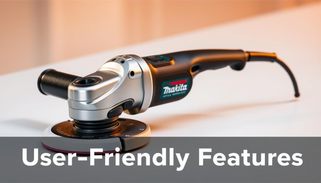 A sleek and modern Makita polisher, its brushed metal casing gleaming under warm, directional lighting. The tool's ergonomic design and user-friendly controls are prominently featured, inviting the viewer to imagine the effortless polishing experience. The polisher is positioned on a clean, minimalist surface, with a slight angle to showcase its dynamic, utilitarian form. The background is softly blurred, allowing the polisher to be the central focus, emphasizing its versatility and suitability for the "User-Friendly Features" section of the article.