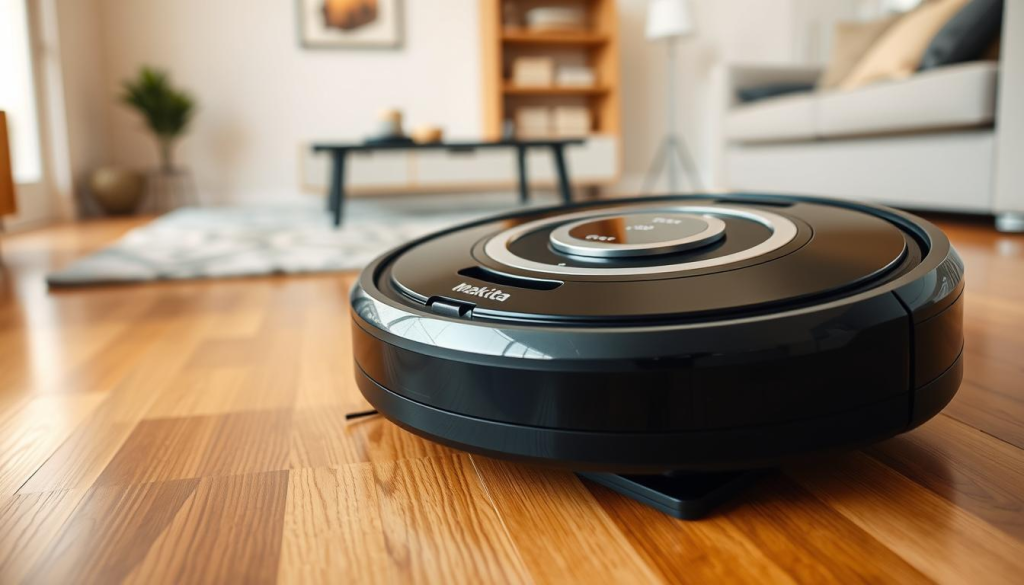 A sleek and modern Makita robot vacuum cleaner rests on a hardwood floor, its glossy black and silver body reflecting the warm, diffused lighting from above. The device's advanced sensors and mapping technology are visible, hinting at its sophisticated cleaning capabilities. The background features a minimalist, contemporary living room setting with neutral-toned walls and furniture, allowing the robot vacuum to be the focal point. The overall scene conveys a sense of effortless, efficient cleaning, in line with the benefits highlighted in the article section.