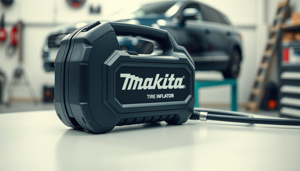 A sleek and modern Makita tire inflator sits prominently on a clean, minimalist workbench. Soft, directional lighting illuminates its sturdy plastic housing and vibrant Makita branding. The inflator's digital display and various control buttons are clearly visible, inviting the user to interact with the device. In the background, a blurred automotive workshop setting suggests the inflator's practical application. The scene conveys a sense of precision, functionality, and the effortless inflation of tires that the Makita product promises.