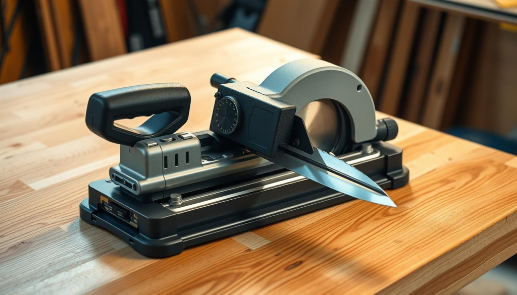 A sleek and modern compact track saw resting on a polished wooden workbench, bathed in warm, directional lighting that accentuates its clean lines and precision engineering. The saw's body is composed of high-quality materials, with a sturdy base and adjustable depth settings visible. The blade, sharp and gleaming, is poised to effortlessly slice through dense hardwoods, showcasing the tool's power and accuracy. The overall design is both functional and visually appealing, capturing the essence of a well-crafted power tool built for professional-grade performance.