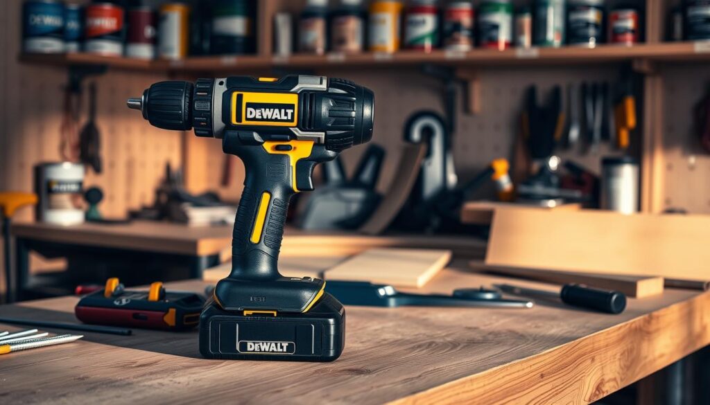 A sleek and modern cordless drill in matte black with yellow accents, the Dewalt 08409 is showcased in a well-lit home workshop setting. The drill sits prominently on a sturdy wooden workbench, surrounded by various DIY tools and materials. Soft, directional lighting casts dramatic shadows, highlighting the drill's textured grip and sturdy construction. In the background, shelves stocked with paint cans, screws, and other home improvement essentials create a sense of functionality and organization. The overall scene conveys the versatility and practicality of this power tool for a wide range of household projects, from furniture assembly to minor home renovations.