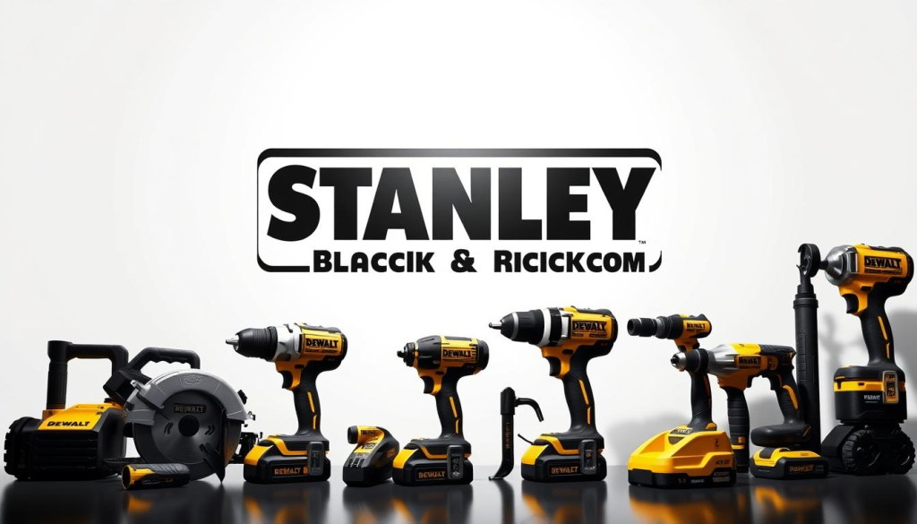 A sleek and modern corporate overview of Stanley Black & Decker, the parent company of the DEWALT brand. A clean, minimal background showcases the company's iconic logo in the center, rendered in high-contrast monochrome. The foreground features a meticulously detailed 3D rendering of various DEWALT power tools, including a cordless drill, circular saw, and impact wrench, artfully arranged to highlight the brand's engineering prowess. Dramatic studio lighting casts dramatic shadows, conveying a sense of quality, durability, and precision. The overall composition exudes a professional, high-tech aesthetic, reflecting the company's position as a leading global manufacturer of industrial tools and equipment.