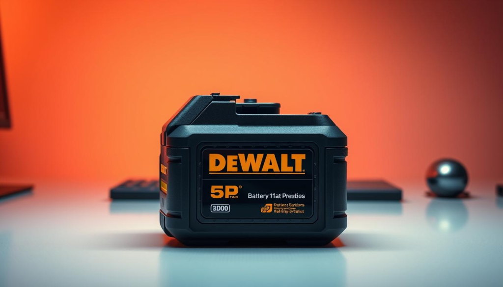 A sleek and modern desktop workspace featuring a DEWALT battery pack positioned prominently in the center. The battery pack is depicted in high-resolution, showcasing its sturdy construction, robust design, and the iconic DEWALT branding. The workspace is illuminated by warm, directional lighting, casting subtle shadows and highlights on the battery pack, emphasizing its tactile, three-dimensional form. The background is a minimalist, clean-lined environment, allowing the battery pack to be the focal point, reflecting the user's keen interest in DEWALT's battery tracking capabilities. The overall atmosphere conveys a sense of precision, professionalism, and technological innovation.