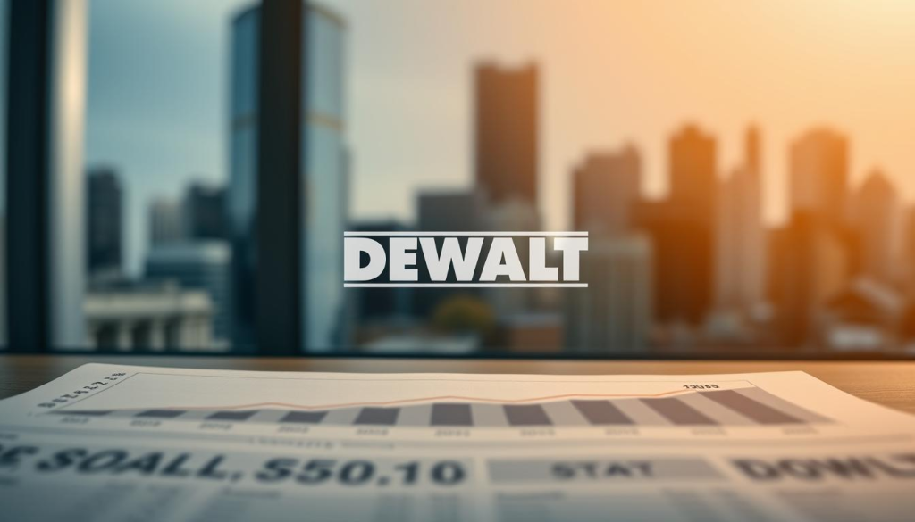 A sleek and modern financial report showcasing the financial performance of DEWALT. In the foreground, a clean and minimalist graph displaying DEWALT's revenue, profits, and growth trends over the past few years. In the middle ground, a stylized DEWALT logo and product images, conveying the company's reputation for quality power tools. The background features a blurred cityscape, suggesting DEWALT's global reach and impact. Lighting is soft and warm, creating a professional and authoritative atmosphere. The overall composition is balanced, with a color palette of blues, greys, and blacks to reflect the seriousness of the subject matter.