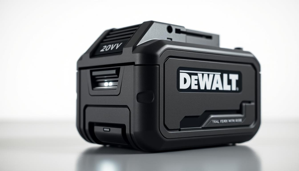 A sleek and modern-looking DEWALT 20V battery pack, showcased against a clean, minimalist backdrop. The battery's surface has a metallic finish that reflects the light, highlighting its sturdy and durable construction. The foreground features a detailed close-up view of the battery's intricate components, including the terminals, vents, and the brand's iconic logo. In the middle ground, a subtle glow emanates from the battery, creating a sense of power and energy. The background is a softly blurred, monochromatic plane, allowing the battery to take center stage and emphasize its technological superiority. The overall composition exudes a sense of precision, innovation, and the high-performance capabilities of the DEWALT 20V battery system.
