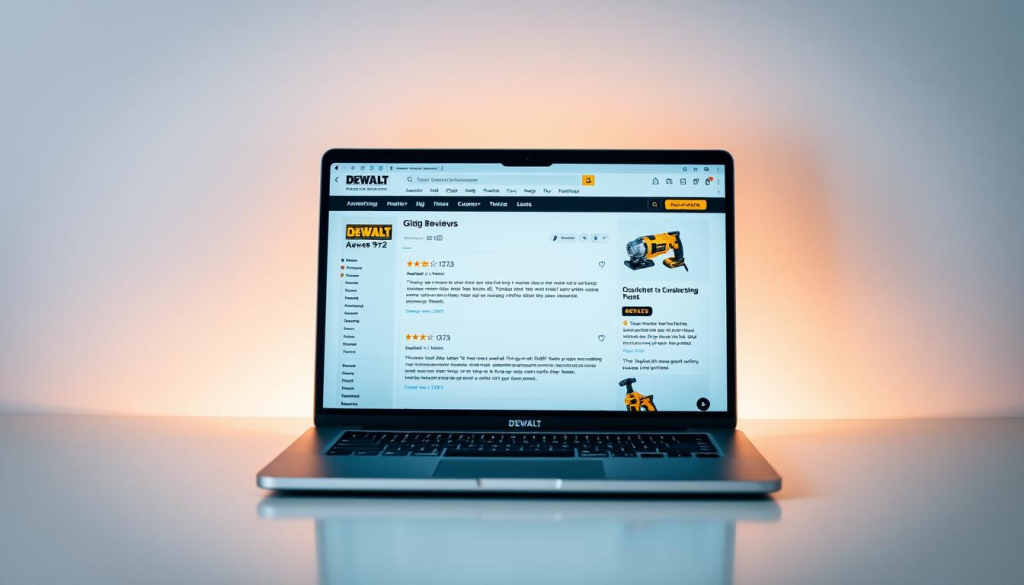 A sleek and modern-looking laptop displaying a web page showcasing glowing reviews for the DEWALT 972 power tool. The laptop is placed on a clean, minimalist desk against a plain white wall, with a warm, indirect lighting creating a professional and inviting atmosphere. The web page features various user testimonials and star ratings, highlighting the tool's durability, performance, and ease of use. The layout is visually appealing, with well-organized content and a clear emphasis on the positive customer feedback. The overall scene conveys a sense of trust, reliability, and the tool's popularity among satisfied users.