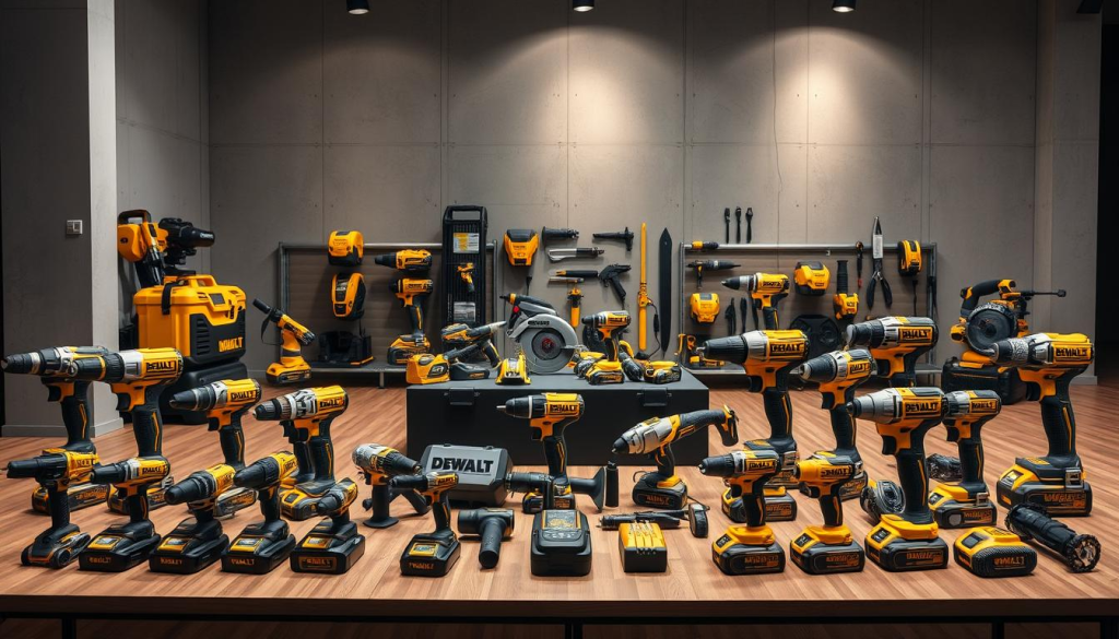 A sleek and modern showroom display showcasing DEWALT's newest power tools and accessories for 2025. The foreground features an array of cutting-edge cordless drills, impact drivers, and angle grinders, their metallic casings gleaming under warm studio lighting. In the middle ground, a selection of saws, sanders, and multi-tools are arranged neatly, while the background depicts a minimalist backdrop of smooth concrete walls and hardwood flooring, creating a professional, industrial atmosphere. The overall scene conveys a sense of innovation, durability, and DEWALT's commitment to providing the latest advancements in power tool technology for the discerning tradesperson.