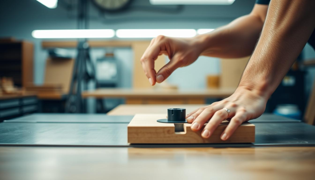 A sleek and modern workshop setting, with a workbench in the foreground showcasing the process of installing a DEWALT zero clearance insert. The insert is prominently displayed, with hands carefully guiding it into place. The lighting is soft and diffused, creating a sense of focused attention and precision. The background is slightly blurred, drawing the viewer's eye to the central action. The overall composition conveys a sense of professionalism, attention to detail, and the expertise required to properly install this specialized woodworking tool.