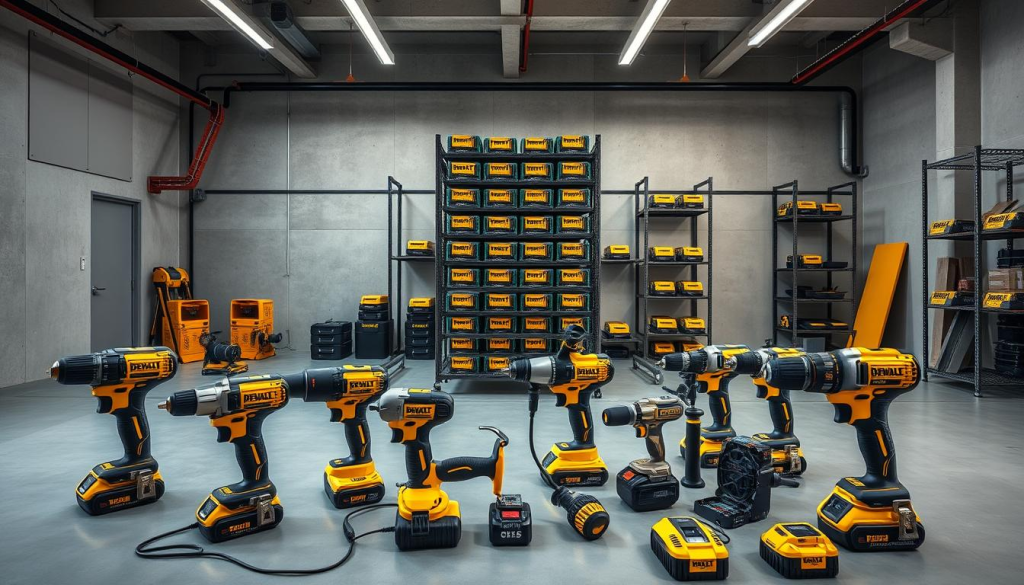 A sleek and modern workshop showcasing DEWALT's cutting-edge 21st-century innovations. In the foreground, an array of their latest power tools - cordless drills, impact wrenches, and oscillating multi-tools, all gleaming in the studio's soft, directional lighting. In the middle ground, a towering display of their advanced battery packs and charging stations, hinting at the brand's focus on energy-efficient technology. The background reveals a minimalist, industrial-chic setting with exposed concrete walls and metal racks, creating an atmosphere of sophistication and progress. The overall scene conveys DEWALT's commitment to powering the future of modern construction and DIY work.