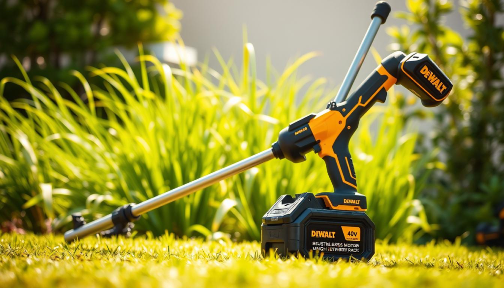 A sleek and powerful DEWALT 40V cordless weed trimmer standing prominently in the foreground, its sturdy construction and ergonomic design clearly visible. The trimmer's brushless motor and high-efficiency battery pack are highlighted, emphasizing its impressive 40V power. In the middle ground, lush green grass and foliage sway gently in a warm, natural light, creating a serene, outdoor setting. The background features a clean, uncluttered environment, allowing the DEWALT weed trimmer to be the central focus of the image, showcasing its key features for the article.
