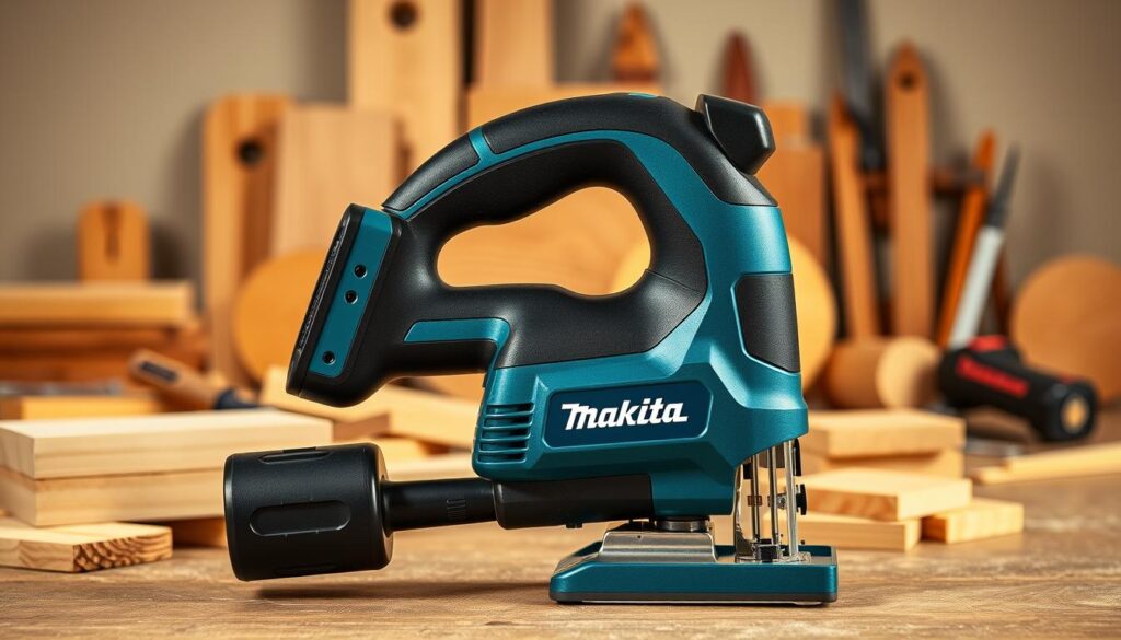 A sleek and powerful Makita cordless jigsaw stands prominently in the foreground, its metallic blue body gleaming under the warm studio lighting. The jigsaw's sharp, precision-ground blade is clearly visible, ready to effortlessly cut through a variety of materials. In the middle ground, various wood samples and tools surround the jigsaw, hinting at its versatility and the high-quality craftsmanship it enables. The background is softly blurred, maintaining the focus on the main subject and creating a professional, product-focused atmosphere. The overall scene conveys the jigsaw's robust capabilities, ergonomic design, and suitability for both DIY and professional woodworking tasks.