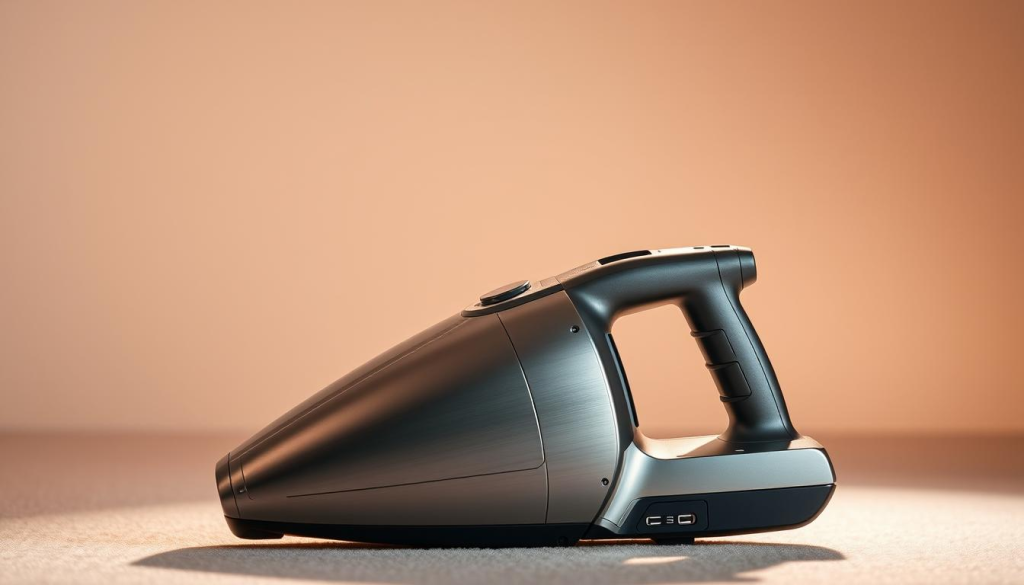 A sleek and powerful Makita cordless vacuum cleaner, its brushed metal exterior gleaming under warm studio lighting. The device sits prominently in the frame, its compact and ergonomic design highlighted. In the background, a clean, minimalist backdrop showcases the vacuum's functional simplicity. Subtle shadows add depth and dimension, while soft highlights accentuate the machine's premium construction. The overall impression conveys the Makita vacuum's combination of advanced technology and user-friendly utility, making it an ideal choice for maintaining a spotless home.