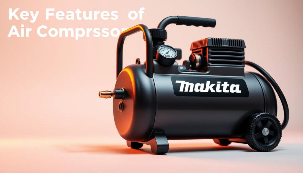 A sleek and powerful Makita electric air compressor, its metallic body gleaming under warm studio lighting. The compressor is prominently featured in the foreground, with a clean, minimalist background that allows the device to take center stage. The image captures the rugged reliability and precision engineering of this professional-grade tool, highlighting its key features such as the large pressure gauge, sturdy carrying handle, and air hose connection port. The overall composition conveys a sense of modern, industrial utility, perfectly suited to illustrate the "Key Features of Makita Air Compressors" section of the article.