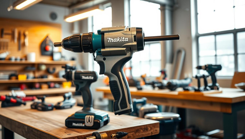 A sleek and powerful Makita impact gun set against a bright, well-lit workshop scene. The gun's metallic body gleams under the warm incandescent lighting, its various components and mechanisms clearly visible. The impact gun is placed prominently in the foreground, while the middle ground shows an array of Makita power tools and accessories neatly organized on a sturdy wooden workbench. In the background, the clean, modern workshop space is filled with natural light filtering in through large windows, creating a sense of openness and professionalism. The overall atmosphere evokes a strong sense of quality, durability, and the reliable performance that Makita is known for.