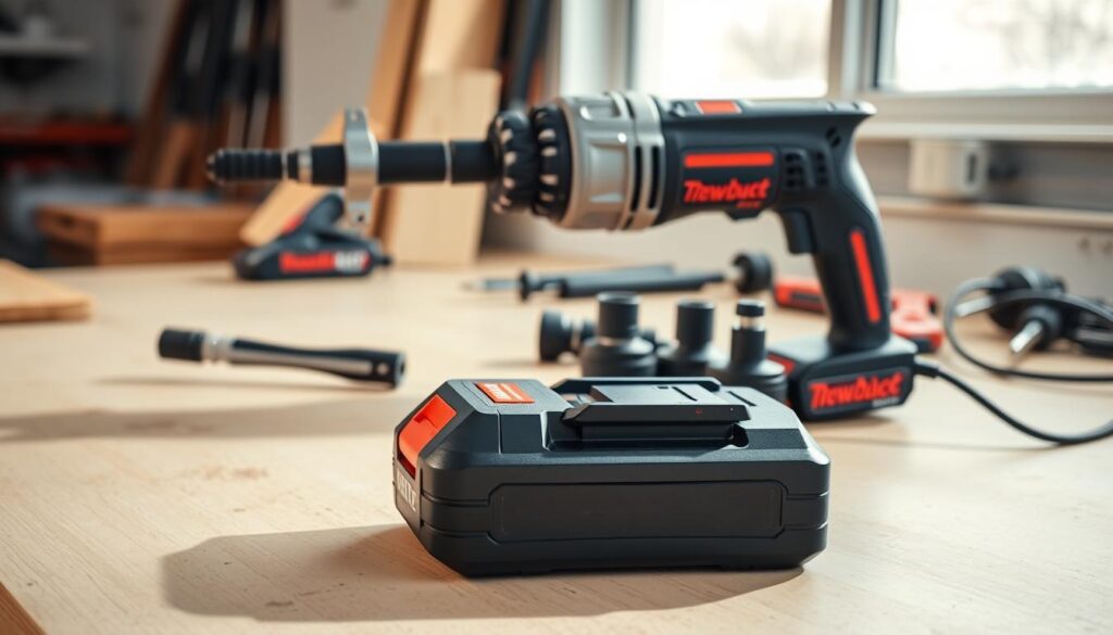 A sleek and powerful cordless power tool rests on a clean, well-lit workbench. The tool's brushed metal body and ergonomic grip catch the light, conveying its durability and precision. In the foreground, the device's battery pack sits prominently, showcasing its cordless design and long-lasting power. The middle ground reveals the tool's versatile attachments, hinting at its diverse capabilities. The background is softly blurred, keeping the focus on the impressive power tool. The lighting is natural and directional, casting shadows that accentuate the tool's form and function. This image radiates a sense of professional-grade performance and reliability, perfectly matching the "Performance and Power" section of the article.
