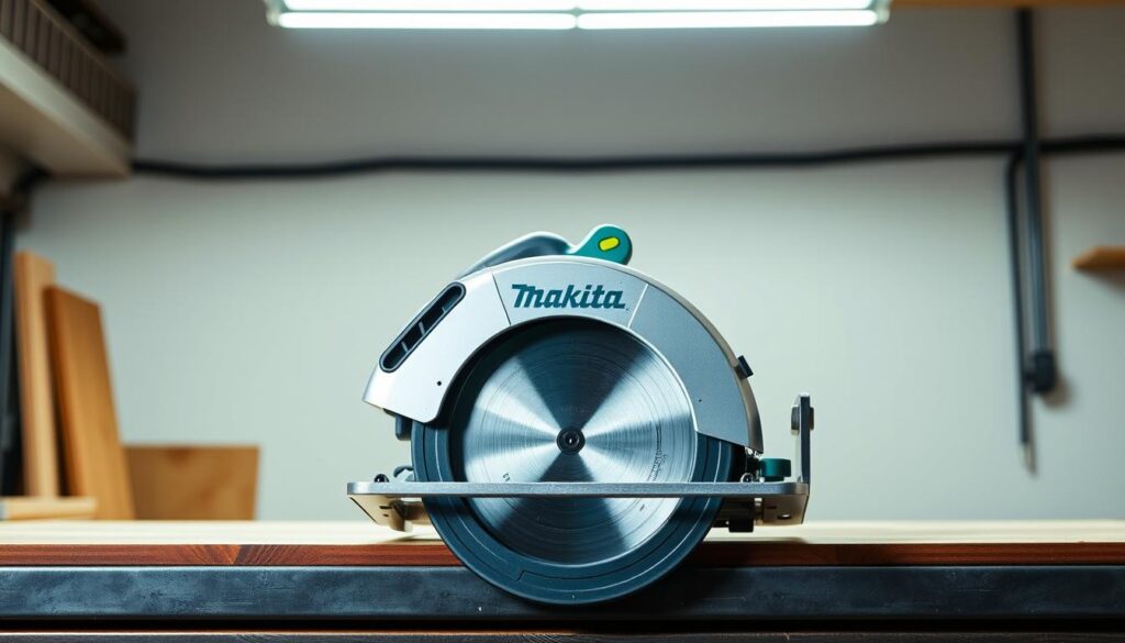 A sleek and professional-looking Makita 7 1/4" circular saw set against a clean, well-lit workshop environment. The saw is placed on a sturdy workbench, with its silver metallic body and vibrant green accents catching the soft, directional lighting from above. The blade is clearly visible, conveying the power and precision of this versatile tool. The background features a neutral, uncluttered setting, allowing the saw to be the focal point and emphasizing its suitability for a wide range of DIY and home improvement projects. The overall composition and lighting create a sense of reliability, quality, and practicality - characteristics that would appeal to a homeowner or hobbyist in need of a dependable circular saw.