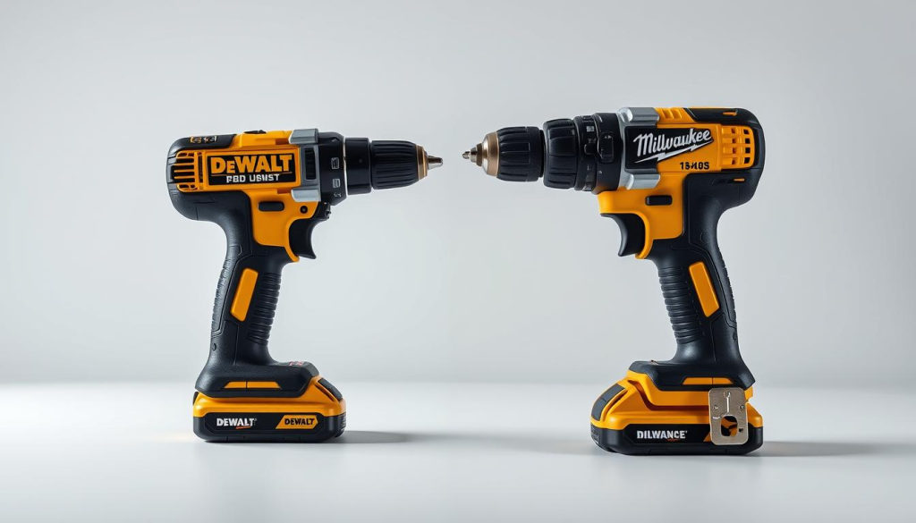 A sleek and professional product comparison shot, showcasing a DEWALT cordless drill and a Milwaukee cordless drill side-by-side on a clean, white studio backdrop. The drills are positioned at a slight angle, highlighting their distinct designs and features. Soft, even lighting illuminates the tools, emphasizing their high-quality construction and attention to detail. The scene conveys a sense of technical prowess and innovation, hinting at the advanced battery technology powering these power tools. The overall mood is one of precision, efficiency, and the superiority of DEWALT engineering.