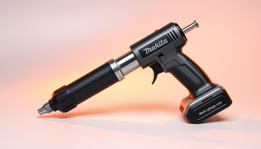 A sleek and robust Makita cordless grease gun, its metallic body gleaming under warm studio lighting. The device rests on a clean, uncluttered surface, allowing its ergonomic design and various control buttons to be clearly visible. In the background, a simple gradient backdrop complements the tool's professional, industrial aesthetic. The image conveys the Makita grease gun's reliable performance and ease of use, making it an ideal choice for effortless equipment maintenance.