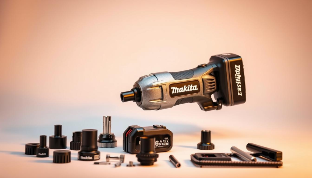 A sleek and rugged Makita 18V cordless multi-tool, its brushed metal body gleaming under warm studio lighting. The tool's various attachments and accessories are neatly arranged in the foreground, showcasing its versatility. In the background, a clean, minimalist setting provides a simple, uncluttered backdrop, allowing the multi-tool to take center stage. The image conveys a sense of power, precision, and practicality, reflecting the user experience and positive reviews that the Makita 18V multi-tool has earned.