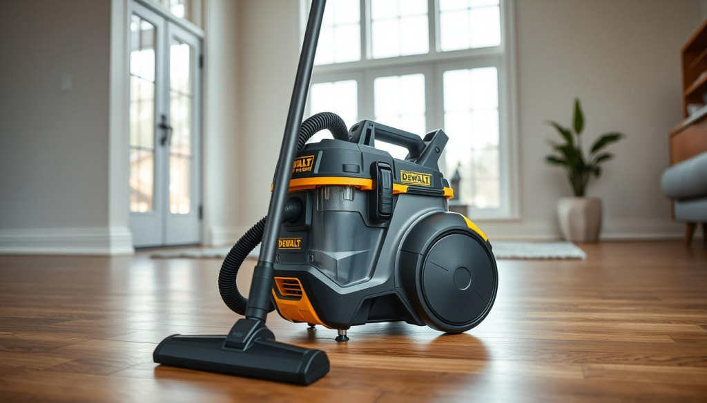 A sleek and user-friendly DEWALT vacuum cleaner positioned in a well-lit modern home interior. The device sits prominently on a wooden floor, its distinctive yellow and black colors standing out against the neutral tones of the room. The vacuum's ergonomic design and intuitive controls are clearly visible, inviting the user to effortlessly maneuver it around the space. Soft, diffused lighting from large windows illuminates the scene, creating a serene and welcoming atmosphere. The image conveys the vacuum's quiet yet powerful performance, seamlessly integrated into a stylish and practical household setting.