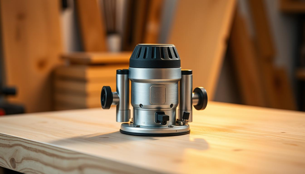 A sleek, compact router with a metal body and brushed aluminum accents, resting on a smooth, wooden workbench. The device is backlit with a soft, warm glow, casting a gentle light on the intricate details of its construction. The router's profile is low and streamlined, with clean lines and a minimalist design that speaks to its precision and power. The scene is captured from a slightly elevated angle, emphasizing the router's solid build and the quality of the materials used. The overall atmosphere is one of focus, craftsmanship, and the quiet confidence of a tool built to excel in precise woodworking.