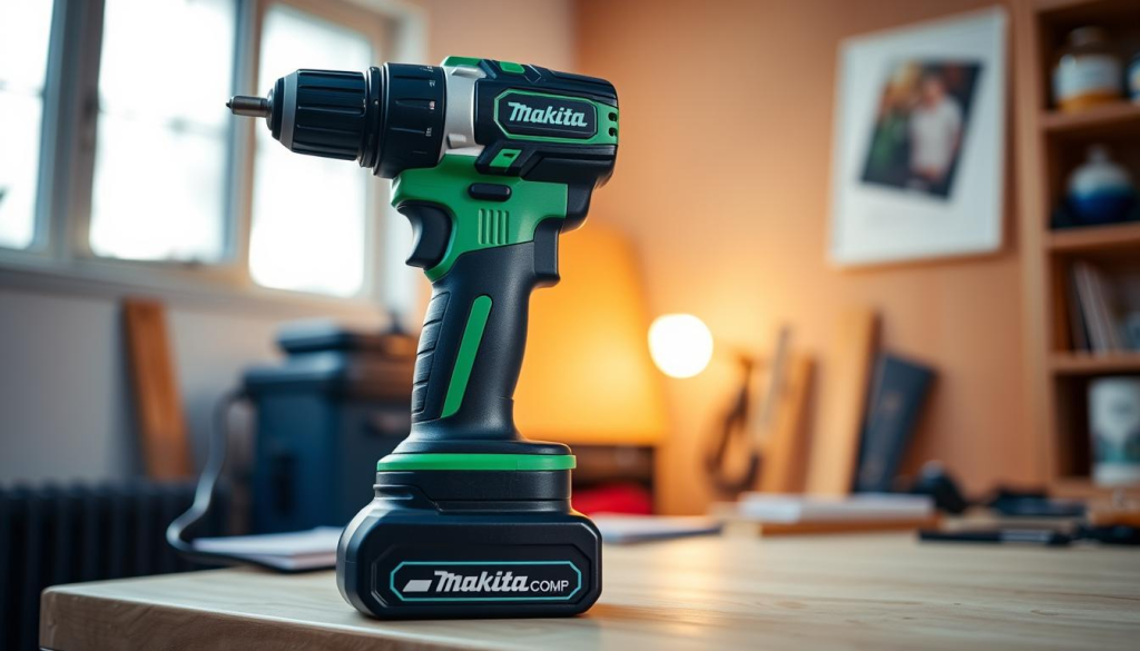 A sleek, cordless Makita impact driver sits prominently in the center of the frame, its vibrant green and black body gleaming under soft, diffused lighting. The tool's ergonomic design is highlighted, with a comfortable grip and a compact, balanced form that enables effortless maneuvering. In the background, a warm, minimalist workspace comes into focus, suggesting the driver's versatility in a variety of DIY projects. The scene conveys a sense of power, precision, and ease of use, perfectly capturing the essence of this reliable power tool for the discerning DIY enthusiast.