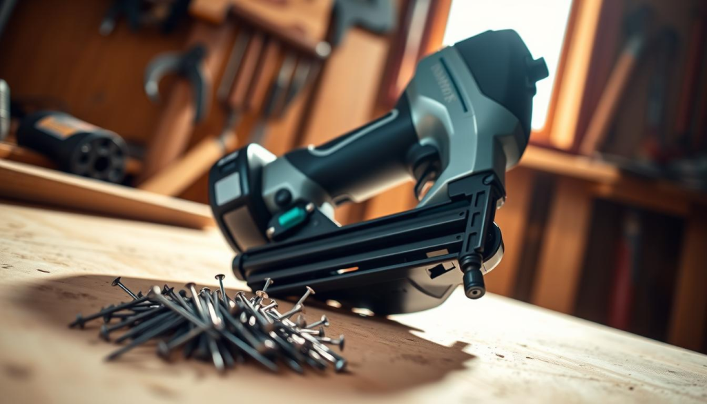 A sleek, cordless Makita nail gun resting on a workbench, illuminated by warm, directional lighting that casts dynamic shadows. The tool's metallic body gleams, complemented by the matte black accents. In the foreground, a stack of freshly driven nails, their sharp points catching the light. The background features blurred, out-of-focus woodworking tools, suggesting a well-equipped workshop. The overall scene conveys the power, precision, and versatility of this cordless nail gun, highlighting its suitability for a variety of home improvement and DIY projects.
