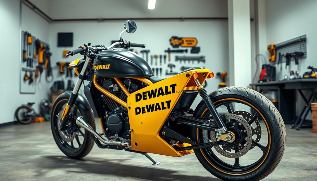 A sleek, customized DeWALT-inspired motorcycle parked in a well-lit workshop. In the foreground, the bike's frame is accented with DeWALT's iconic yellow and black color scheme, with a large DeWALT logo prominently displayed. The engine, exhaust, and other metal components have a polished, chrome finish, catching the light and casting dramatic shadows. In the middle ground, various DeWALT power tools and accessories are neatly arranged, suggesting the owner's commitment to DIY motorcycle customization. The background features a clean, minimalist workspace with concrete floors and white walls, creating a professional, modern atmosphere. The overall scene conveys a sense of precision, craftsmanship, and the fusion of power tools and motorcycle engineering.