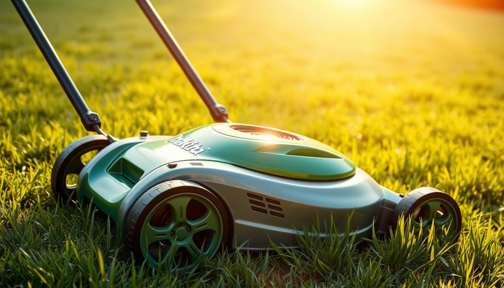 A sleek, eco-friendly Makita lawn mower rests on a lush, verdant lawn. The mower's vibrant green and silver body gleams under the warm, diffuse sunlight that filters through wispy clouds. The front wheels are slightly turned, hinting at its maneuverability. Intricate details, like the Makita logo and vents, are clearly visible. The grass around the mower is neatly trimmed, showcasing its powerful, yet quiet performance. A sense of balance and harmony pervades the scene, reflecting the mower's efficiency and environmentally-conscious design.