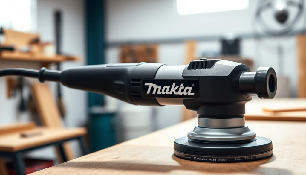 A sleek, ergonomic Makita buffer in a well-lit, professional workshop setting. The buffer's smooth, contoured body and soft-grip handle are prominently displayed, showcasing its thoughtful design. The image is captured from an angle that highlights the buffer's balanced proportions and intuitive controls. The lighting is natural and diffused, casting gentle shadows that accentuate the tool's curves and textures. The background is clean and minimalist, allowing the buffer to be the focal point and emphasizing its high-quality craftsmanship.