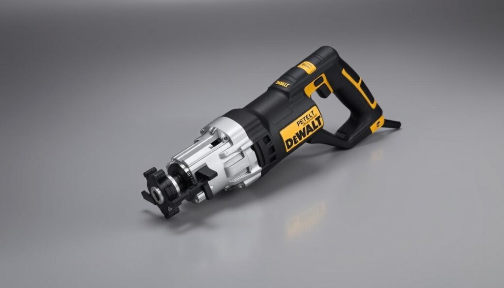A sleek, expertly-crafted DeWALT power tool, the 007, rests against a smooth, reflective surface, its metallic chassis gleaming under carefully-positioned studio lighting. The tool's contours are sharply defined, showcasing its robust, high-performance design. The background fades to a neutral, muted tone, allowing the DeWALT 007 to take center stage, its price tag displayed prominently yet discreetly, highlighting its value proposition as a professional-grade power tool. The image conveys a sense of precision, quality, and the tool's ability to tackle the most demanding tasks with ease.