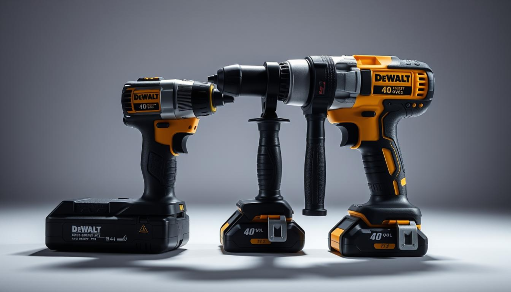 A sleek, high-contrast image showcasing two power tools side-by-side: a DeWalt 40V discontinued model and a current model from a leading competitor brand. The discontinued DeWalt tool is slightly obscured in the foreground, casting a subtle shadow, while the competitor's tool is sharply in focus in the middle ground. The background is a clean, minimalist studio setting with a simple grey backdrop, emphasizing the tools' design and features. Dramatic studio lighting casts dramatic shadows and highlights the tools' metallic accents, creating an air of professionalism and technical sophistication. The overall composition highlights the visual differences between the discontinued DeWalt model and the competitor's current offering, inviting the viewer to compare and contrast their respective designs, capabilities, and market positioning.