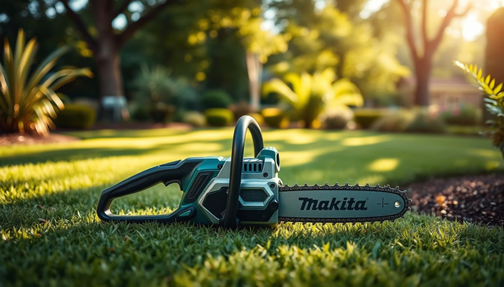 A sleek, high-performance Makita mini chainsaw sitting prominently in the foreground, its compact body and sharp teeth conveying a sense of compact power. The middle ground features a well-manicured yard with lush greenery, suggesting the ideal applications for this tool in trimming, pruning, and light cutting tasks. The background depicts a serene, natural setting with sunlight filtering through the trees, creating a warm, inviting atmosphere. The lighting is soft and natural, highlighting the chainsaw's metallic accents and emphasizing its precision engineering. The camera angle is slightly elevated, giving the viewer a sense of authority and professionalism, as if showcasing this top-rated power tool for a discerning audience.